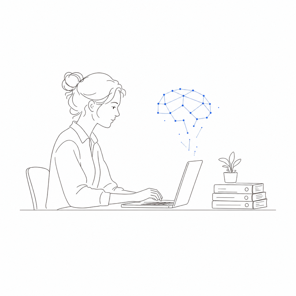 A marketer at a desk, a small network brain forming above the laptop