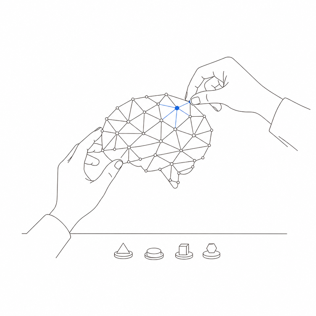 Hands placing a new node into the network brain