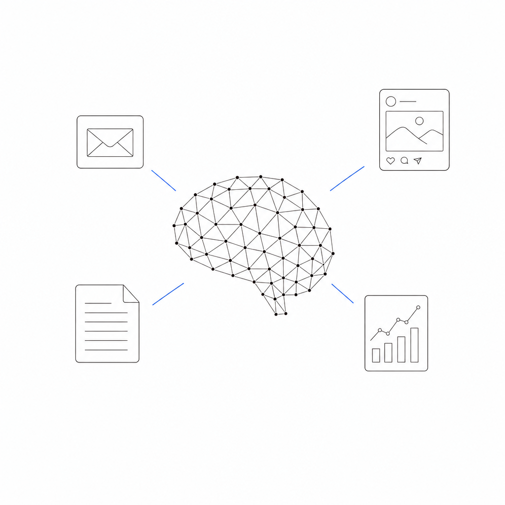 A dense network brain radiating finished marketing pieces
