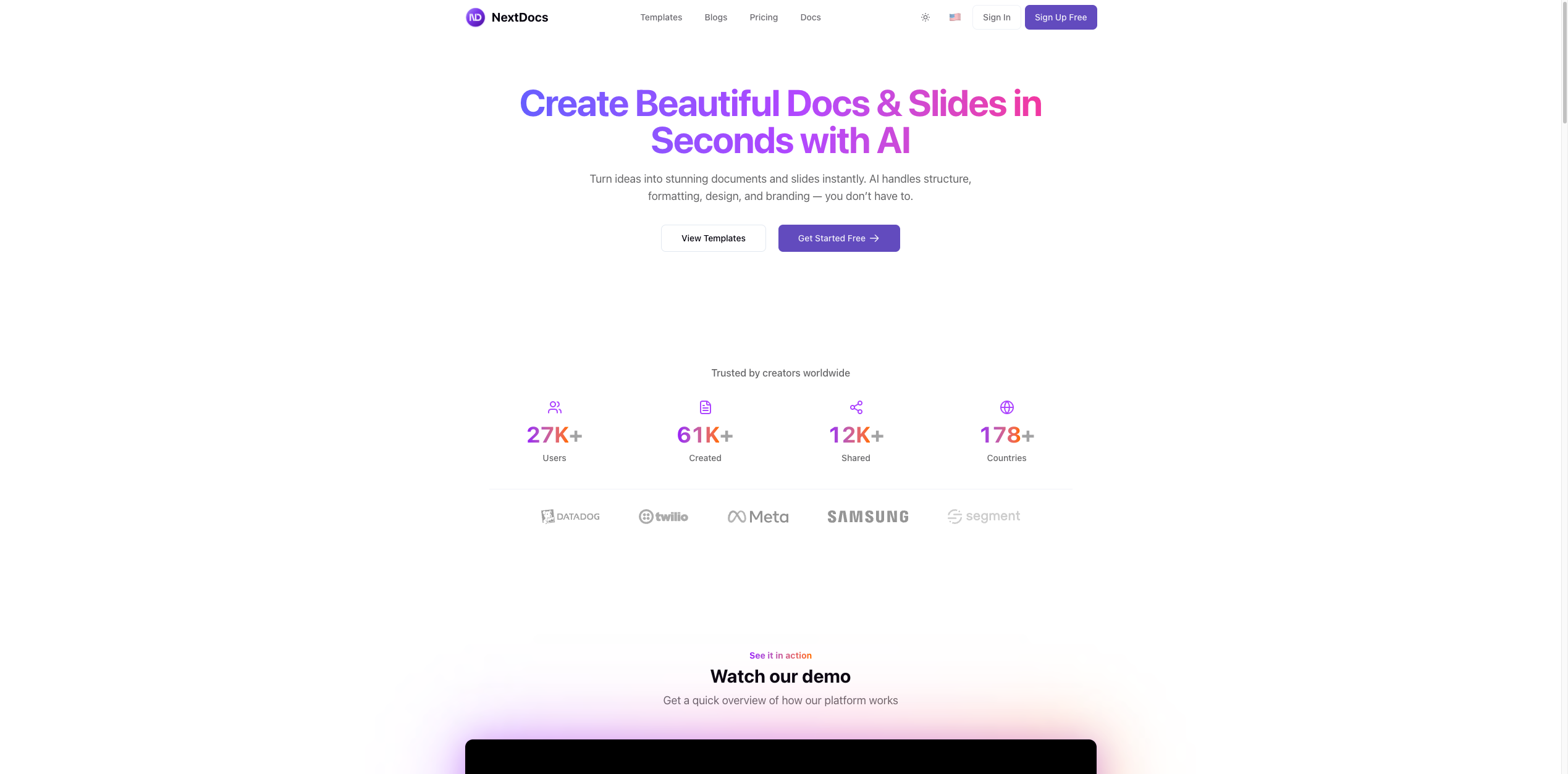 NextDocs homepage - AI document and slides creation platform